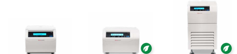 Three Thermo Scientific centrifuge models shown side by side, including two benchtop configurations and one floor-standing refrigerated model, with GreenCool Technology indicators on the refrigerated units.