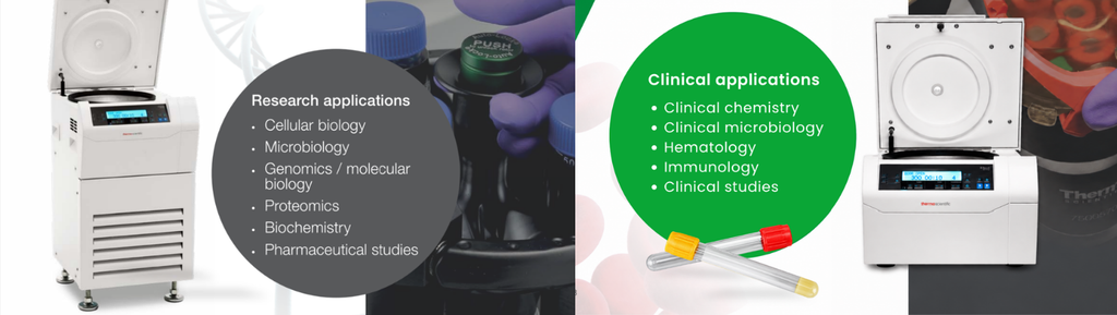 Thermo Scientific centrifuge supporting research and clinical laboratory applications, including cellular biology, microbiology, genomics, clinical chemistry, hematology, and immunology.