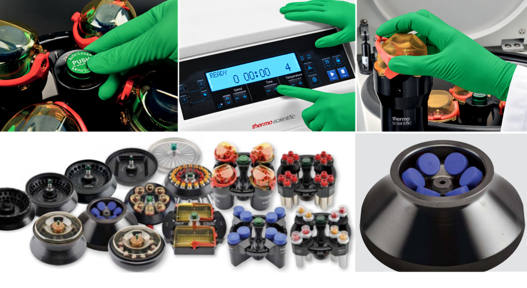 Thermo Scientific centrifuge rotors and accessories, with laboratory personnel demonstrating rotor handling, control panel operation, and sample setup